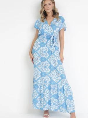 Niebieska Rozkloszowana Sukienka Maxi z Wiązanym Paskiem Aziza