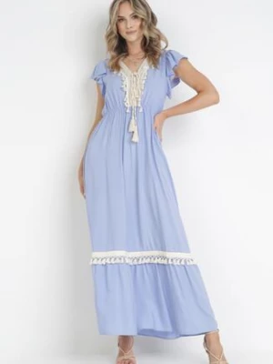 Niebieska Rozkloszowana Sukienka Maxi z Wiskozy i Wiązaniem przy Dekolcie Venali