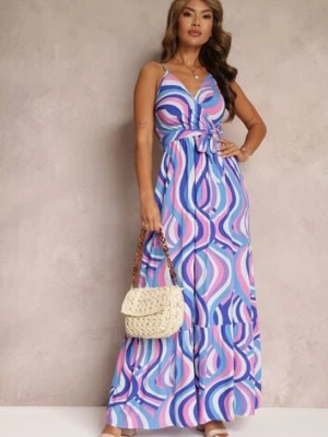 Niebieska Rozkloszowana Sukienka Maxi z Wiskozy z Gumką w Pasie i Kopertowym Dekoltem Mailen cflo