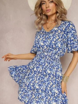 Niebieska Rozkloszowana Sukienka Mini z Wiskozy Ozdobiona Falbanką z Gumką w Talii Etase j&x