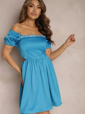 Niebieska Rozkloszowana Sukienka Mini z Wycięciami po Bokach i Cyrkoniami na Dekolcie Erelasia elsa.m by may