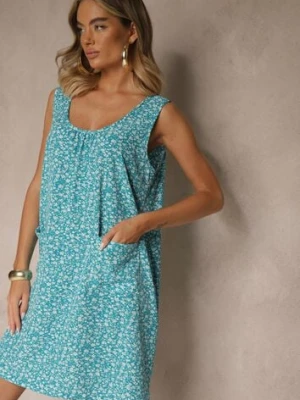 Niebieska Rozkloszowana Sukienka na Szerokich Ramiączkach w Kwiatowy Wzór Folivena defox