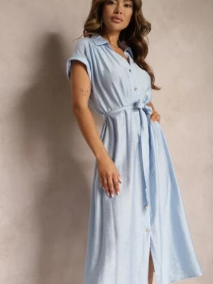 Niebieska Rozkloszowana Sukienka o Koszulowym Kroju Ozdobiona Paskiem w Talii i Guzikami Rosofia