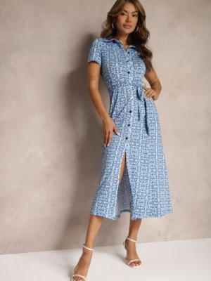 Niebieska Rozkloszowana Sukienka o Koszulowym Kroju z Guzikami i Materiałowym Paskiem w Talii Lranea by swan