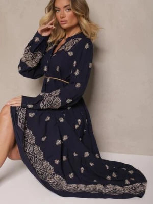 Niebieska Rozkloszowana Sukienka Ozdobiona Haftem i Wzorem Boho Ronavere belcci