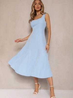 Niebieska Rozkloszowana Sukienka w Klasycznym Stylu Deslene new collection