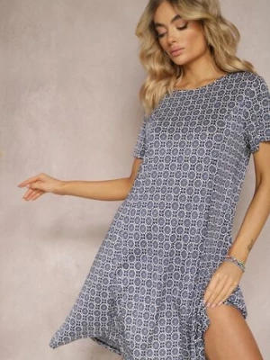 Niebieska Rozkloszowana Sukienka w Ornamentalny Wzór z Wiskozy Oflia sweet&girl