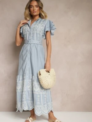 Niebieska Rozkloszowana Sukienka w Stylu Boho z Paskiem Zdobiona Haftem Falbanami Vallsara allyson
