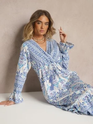 Niebieska Rozkloszowana Sukienka z Bawełny i Wiskozy w Stylu Etno Sollema m&d fashion