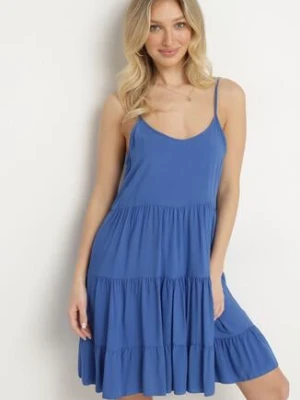Niebieska Rozkloszowana Sukienka z Bawełny na Ramiączkach z Falbanami Lilivane defox