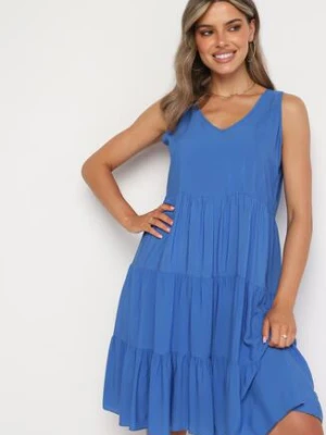 Niebieska Rozkloszowana Sukienka z Bawełny na Ramiączkach Zasea