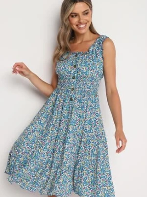 Niebieska Rozkloszowana Sukienka z Bawełny Wykończona Gumką w Talii Nelaris