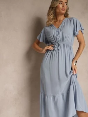 Niebieska Rozkloszowana Sukienka z Bawełny Zdobiona Guzikami Folennea defox