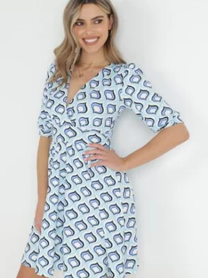Niebieska Rozkloszowana Sukienka z Bufiastymi Rękawami w Geometryczny Wzór Avory