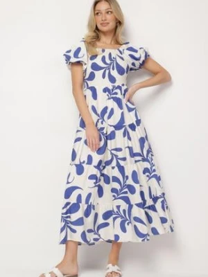 Niebieska Rozkloszowana Sukienka z Elastyczną Górą i Bufiastymi Rękawami Orrivene j&x