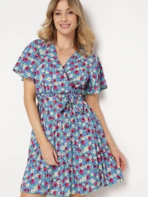 Niebieska Rozkloszowana Sukienka z Gumką w Talii z Dodatkowym Paskiem Ellandera melya by melody