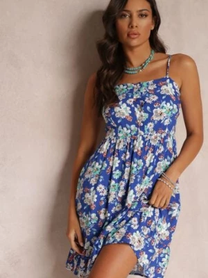 Niebieska Rozkloszowana Sukienka z Guzikami w Kwiaty z Wiskozy Serilda cflo