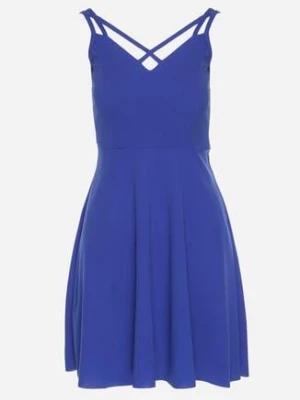 Niebieska Rozkloszowana Sukienka z Ozdobnymi Paskami Redaina messaya