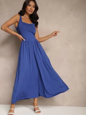 Niebieska Rozkloszowana Sukienka z Wiskozą i Kwadratowym Dekoltem Ravvia by swan