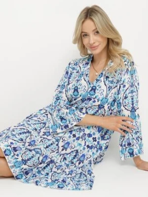 Niebieska Rozkloszowana Sukienka z Wiskozą w Ornamentalny Wzór Ravapia rosa