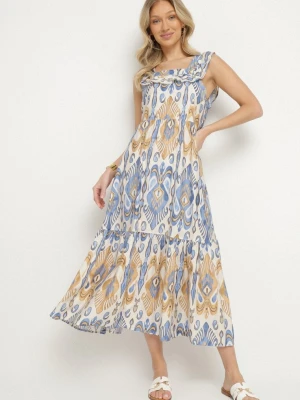 Niebieska Rozkloszowana Sukienka z Wiskozą Wiązana na Plecach w Print Boho Turielia Rosita