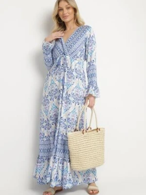 Niebieska Rozkloszowana Sukienka z Wiskozą z Falbankami i Etnicznym Wzorem Koririane m&d fashion