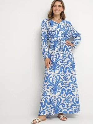 Niebieska Rozkloszowana Sukienka z Wiskozą z Wiązaniem w Abstrakcyjny Wzór Ridimarelle m&d fashion