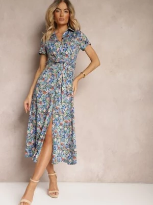 Niebieska Rozkloszowana Sukienka z Wiskozą Zapinana na Guziki Ozdobiona Paskiem Dimica by swan