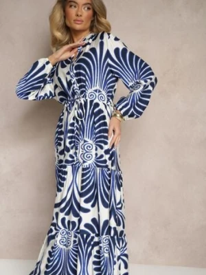 Niebieska Rozkloszowana Sukienka z Wiskozą Zdobiona Roślinnym Printem Koriare m&d fashion