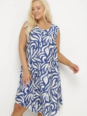 Niebieska Rozkloszowana Sukienka z Wiskozy o Trapezowym Kroju Bez Rękawów Folariela j&x