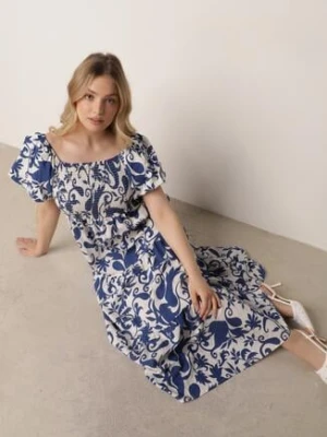 Niebieska Rozkloszowana Sukienka z Wiskozy z Bufiastymi Rękawami w Roślinny Wzór Semea j&x