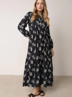 Niebieska Rozkloszowana Sukienka z Wiskozy z Dekoltem na Guziki Watesa m&d fashion