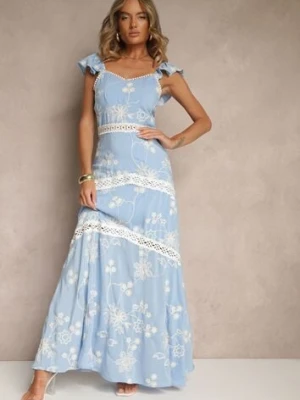 Niebieska Rozkloszowana Sukienka z Wiskozy z Haftami Lumirieve j&x