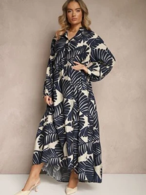 Niebieska Rozkloszowana Sukienka z Wiskozy z Motywem Liści Wilvesia maja studio