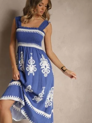 Niebieska Rozkloszowana Sukienka z Wiskozy z Ornamentnym Motywem Aloxe j&x