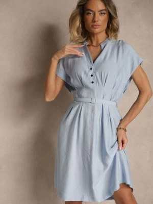 Niebieska Rozkloszowana Sukienka z Wiskozy z Paskiem Zapinana na Napy Seporine unigirl