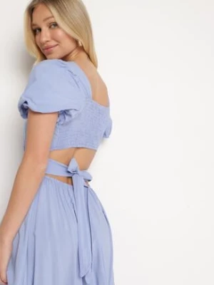 Niebieska Rozkloszowana Sukienka z Wiskozy z Wycięciem i Wiązaniem na Plecach Dimicia