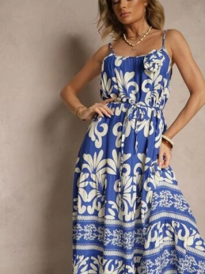 Niebieska Rozkloszowana Sukienka z Wiskozy Zdobiona Broszką i Wiązaniem Marionela cflo