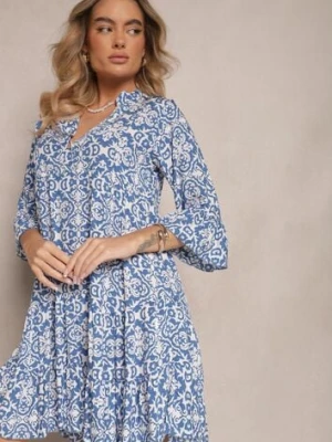 Niebieska Rozkloszowna Sukienka z Bawełny w Ornamentalny Wzór z Falbaną Lanariella defox