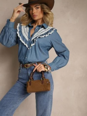 Niebieska Rustykalna Koszula z Bawełny Zdobiona Koronką i Falbankami Lisarilis elsa.m by may