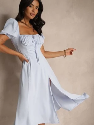 Niebieska Rustykalna Sukienka o Rozkloszowanym Kroju z Wiązaniem i Rozcięciem Idanvera retro & icone