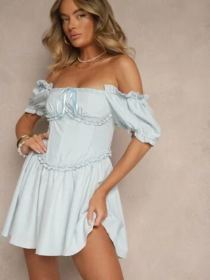 Niebieska Rustykalna Sukienka Vices z Gorsetowym Wiązaniem Tolarina