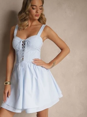 Niebieska Rustykalna Sukienka Vices z Bawełny Zdobiona Wiązaniem Fenirelle