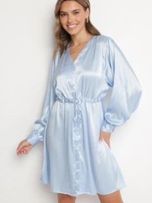 Niebieska Satynowa Sukienka Koszulowa z Paskiem i Cyrkoniami Poledia unigirl