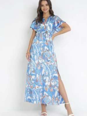 Niebieska Satynowa Sukienka Maxi z Kopertowym Dekoltem i Gumką w Pasie Posedana