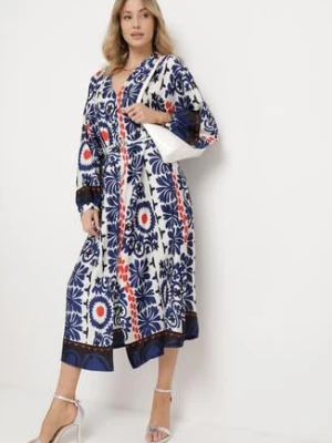 Niebieska Satynowa Sukienka Pudełkowa z Rustykalnym Wzorem Xallilena belcci