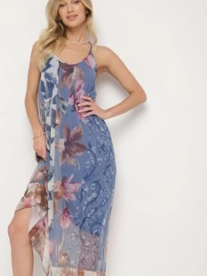 Niebieska Siateczkowa Sukienka z Wiskozą w Kwiatowy Wzór Izaleira new collection