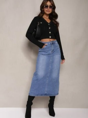 Niebieska Spódnica High Waist Ołówkowa z Przejaśnieniami na Jeansowym Materiale Carolea m.sara