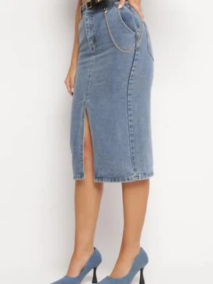 Niebieska Spódnica Jeansowa o Ołówkowym Fasonie z Paskiem w Komplecie Sillae by may