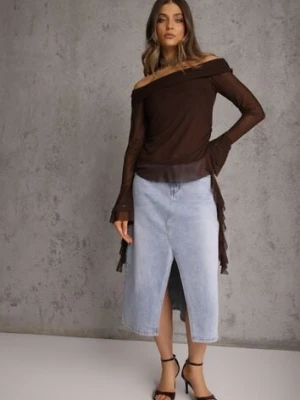 Niebieska Spódnica Jeansowa z Bawełną High Waist i Rozcięciem na Nogę Cinadessa milas91